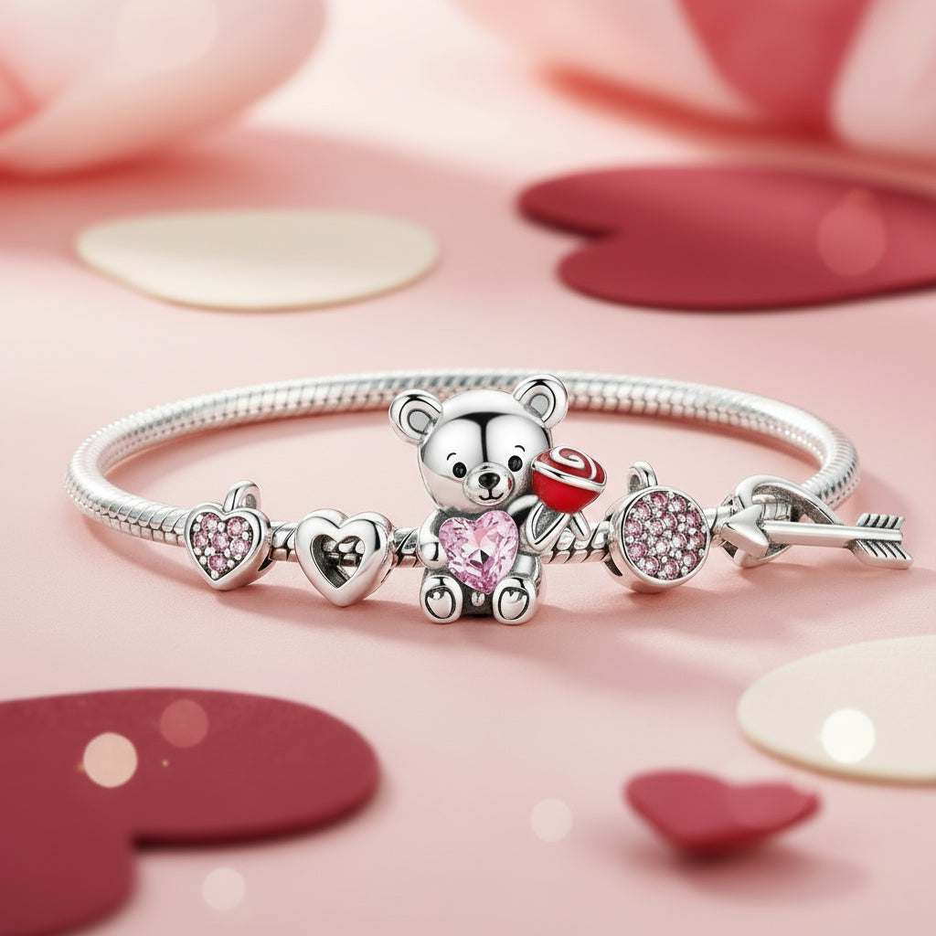 Bear with Rose and Heart Charm