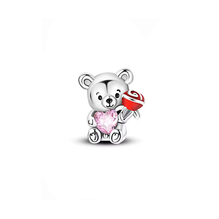 Bear with Rose and Heart Charm (Pandora Compatible)